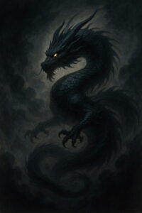 黒龍が夜空の雲間を舞う幻想的な姿。変化と再生を象徴するスピリチュアルな存在を描いたイラスト(AI生成)