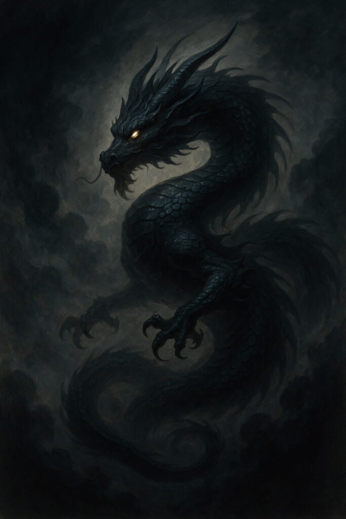 黒龍が夜空の雲間を舞う幻想的な姿。変化と再生を象徴するスピリチュアルな存在を描いたイラスト