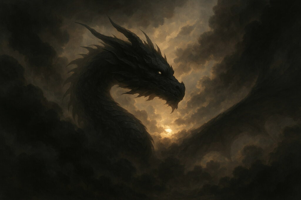 黒い龍神が嵐の雲間から姿を現し、金色の光をまとって浮かび上がる神秘的な横長イラスト