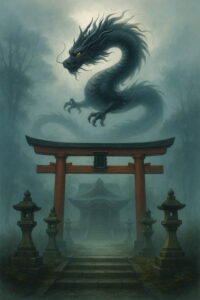 朝霧に包まれた神社の鳥居の上を優雅に舞う黒龍。穏やかでスピリチュアルな雰囲気の幻想的イラスト(AI生成)