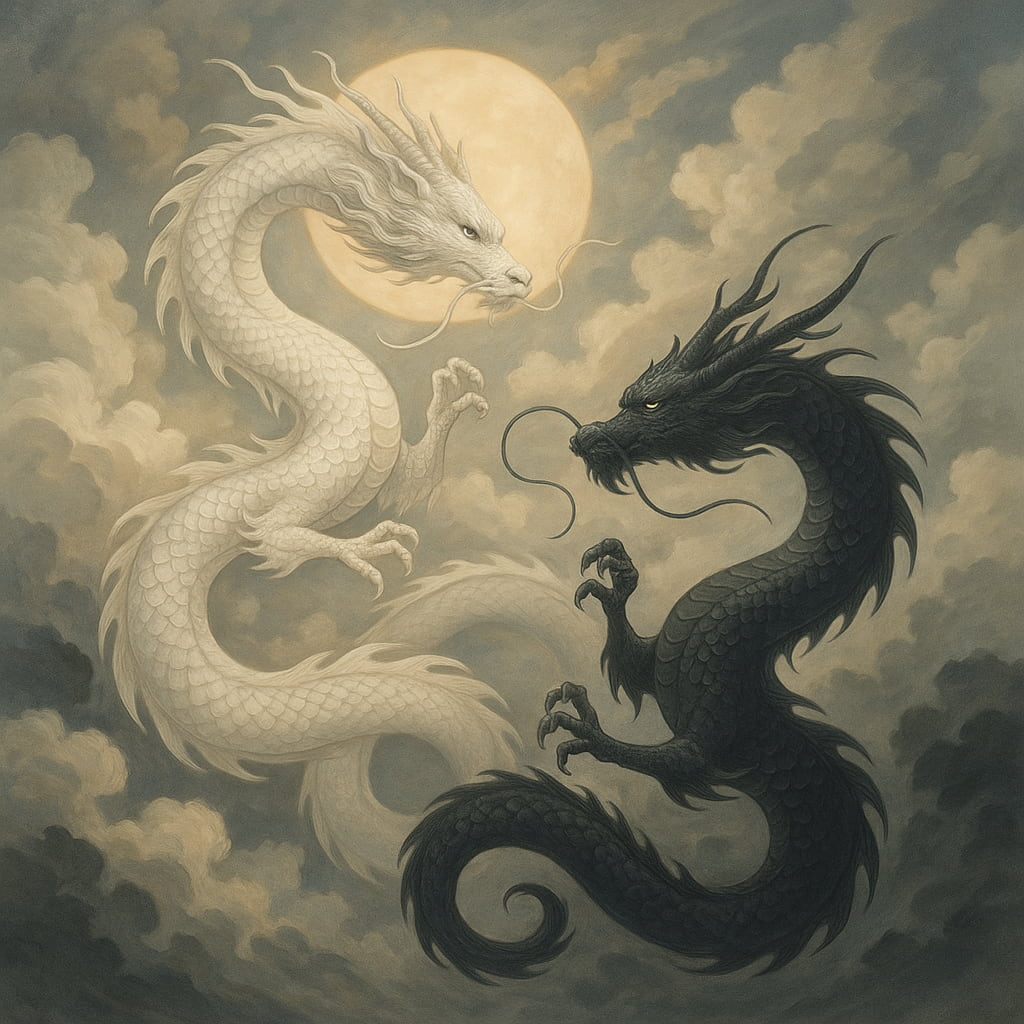 白龍と黒龍が空で交わり、陰と陽のエネルギーが調和する美しいイラスト。光と闇のバランスを象徴