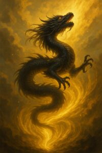 金色の光をまとう黒龍が青空に昇り、運気上昇を象徴する明るいスピリチュアルアート(AI生成)