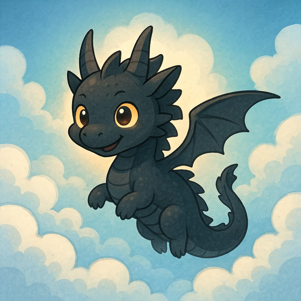 雲の中から顔を出す可愛い黒いちび龍。光を浴びて微笑む姿が優しいスピリチュアルサインを表現