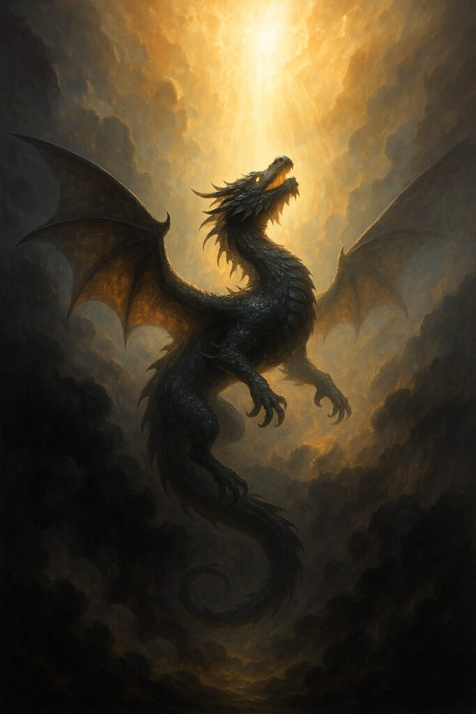 黒龍が闇の中から光へと昇り、金色の光に包まれる姿。変化と覚醒を象徴する幻想的なイラスト