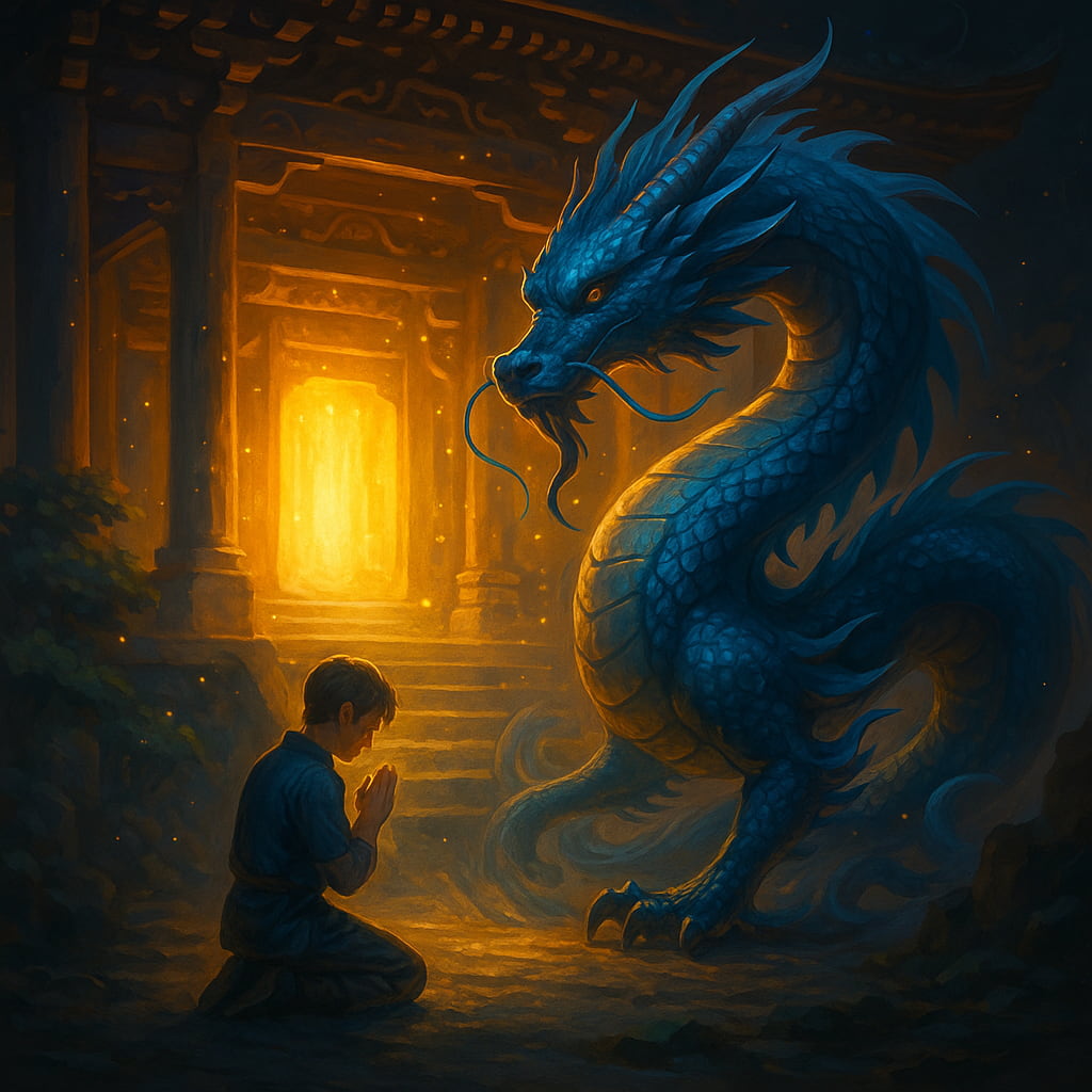 祈りの光に包まれた神殿で、青龍が優しく見守るドラクエ風の幻想的なアート