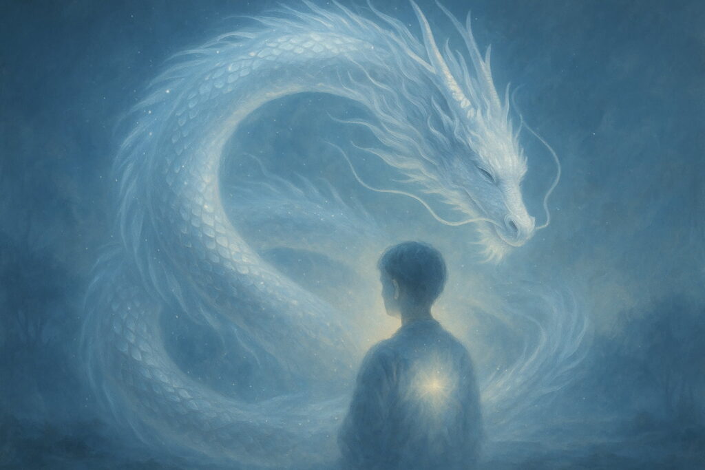 銀色の龍が柔らかな光をまとい、人を優しく包み込む幻想的な光景