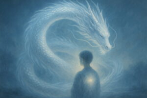 銀色の龍が柔らかな光をまとい、人を優しく包み込む幻想的な光景（AI生成）