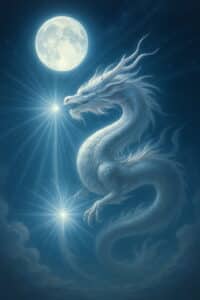 月光の中で銀色の龍が光を放ち、静かにスピリチュアルなメッセージを伝える幻想的なイラスト（AI生成）