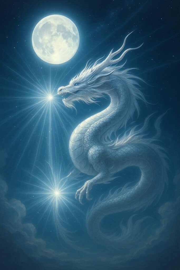 月光の中で銀色の龍が光を放ち、静かにスピリチュアルなメッセージを伝える幻想的なイラスト