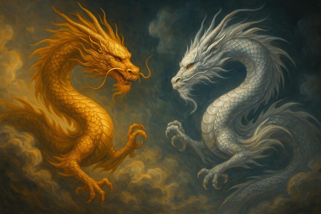 金色と銀色の二体の龍が空を舞い、対照的なエネルギーを放つ幻想的な構図