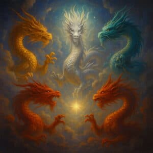 龍神たちが集まり、中央で銀龍が神々しく光を放つ神聖な構図（AI生成）