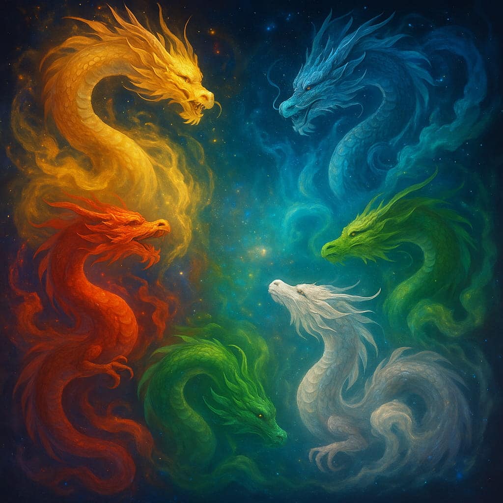光の中に多彩な龍が浮かび上がり、それぞれ異なるエネルギーを放つ幻想的なスピリチュアルアート