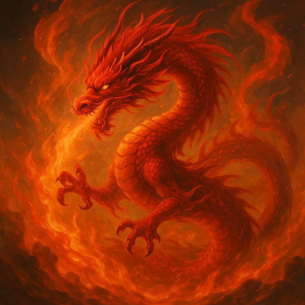 赤い龍が炎の中で力強く舞い上がり、情熱と勇気を象徴する幻想的なビジュアル