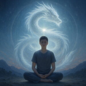 瞑想する人物の背後で銀龍が光のエネルギーを共鳴させる幻想的なスピリチュアルアート（AI生成）