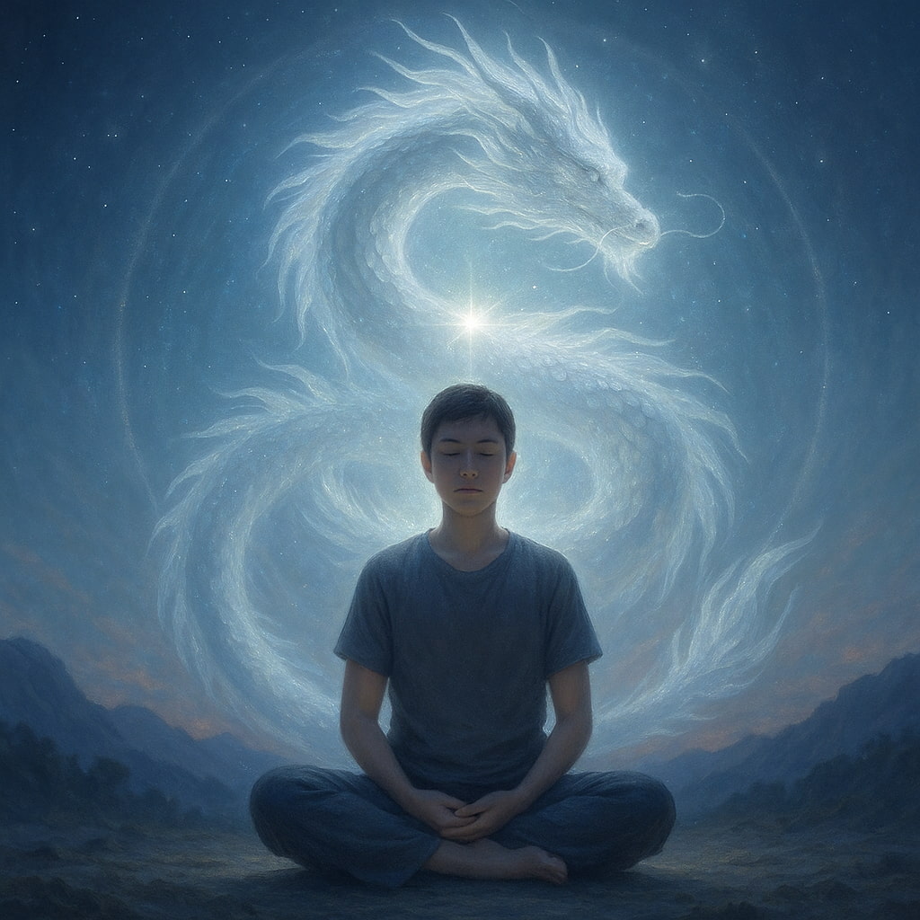 瞑想する人物の背後で銀龍が光のエネルギーを共鳴させる幻想的なスピリチュアルアート