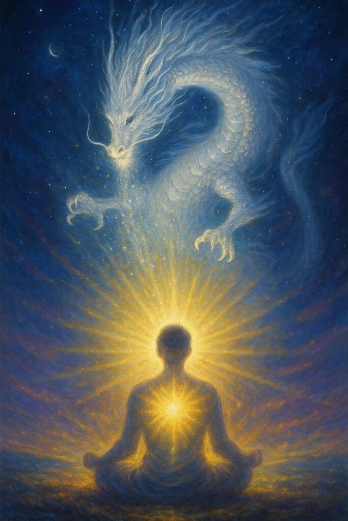 銀龍が天から光を降らせ、人の心に輝きを与える幻想的なスピリチュアルアート