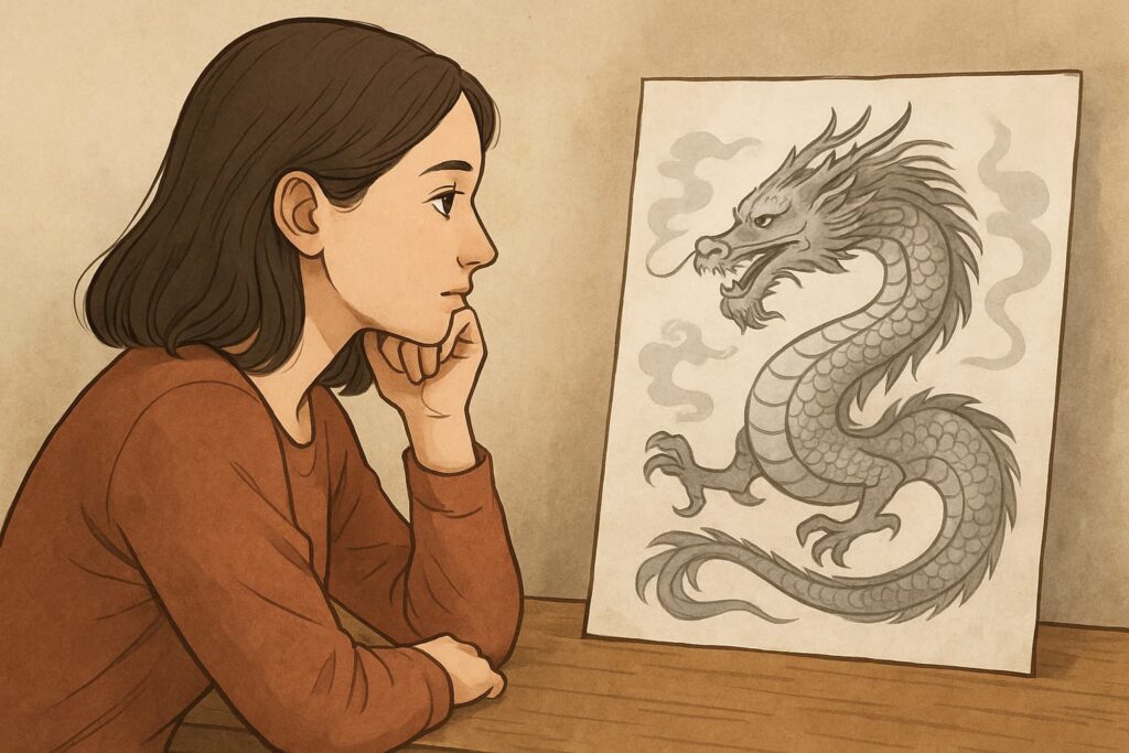 自分の守護龍を調べる女性のイラスト