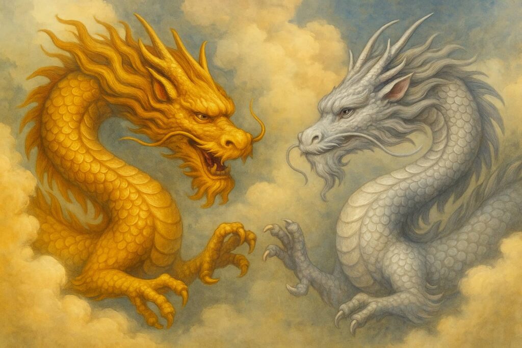 守護龍と救いの龍が並ぶ象徴イメージ