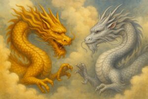 守護龍と救いの龍が並ぶ象徴イメージ