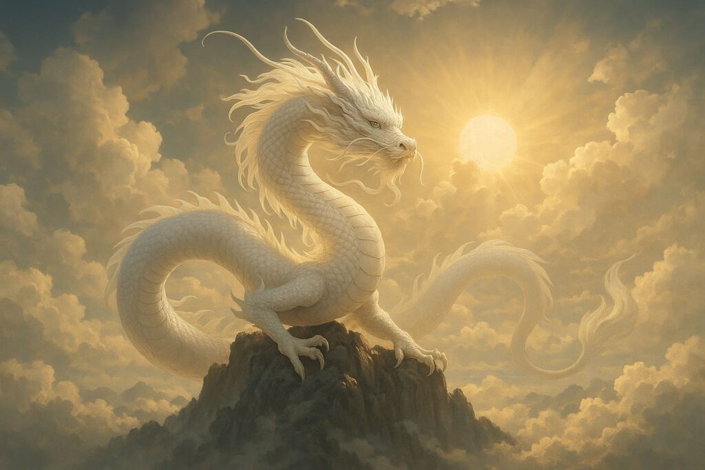 日本神話に登場する白龍を象徴的に描いた神秘的なイラスト