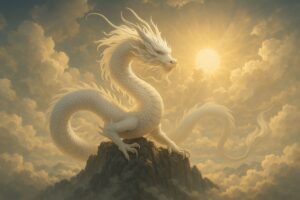 日本神話に登場する白龍を象徴的に描いた神秘的なイラスト