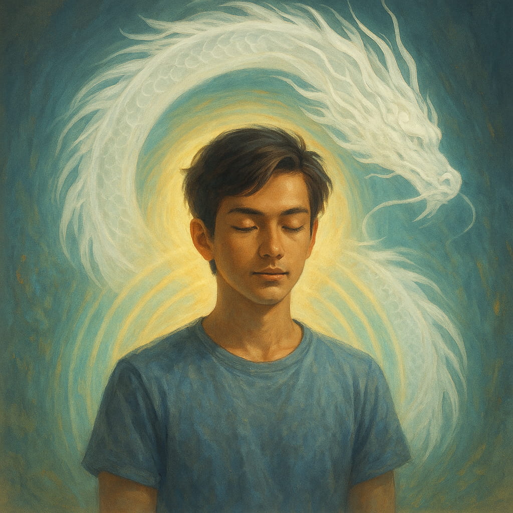 白龍に守護される人物を光のオーラで表現したイメージ