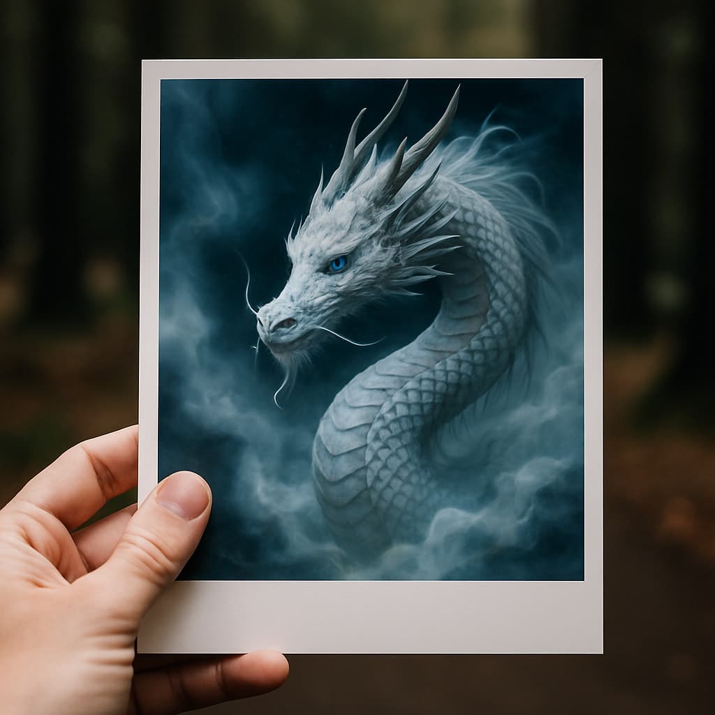 写真に映り込んだ白龍のシルエットと神秘的な光の表現