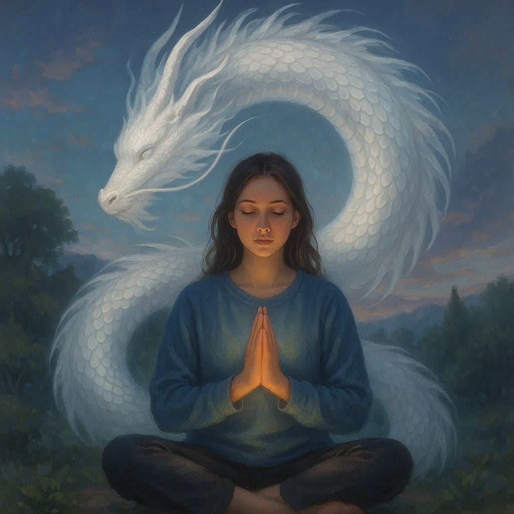 祈りや瞑想を通じて白龍と心を通わせる人物のイメージ