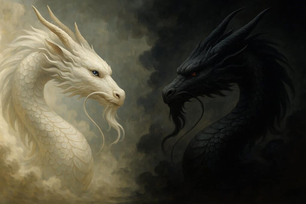 白と黒、対照的な龍を光と闇で描いたスピリチュアルイラスト