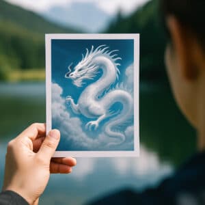 カメラに捉えられた白龍の神秘的な姿と背景の光