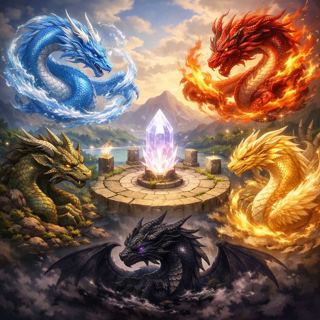 守護龍を象徴する複数の龍が円形に配置された、文化的イメージイラスト