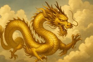 エネルギーをまとった金龍が空を舞う様子