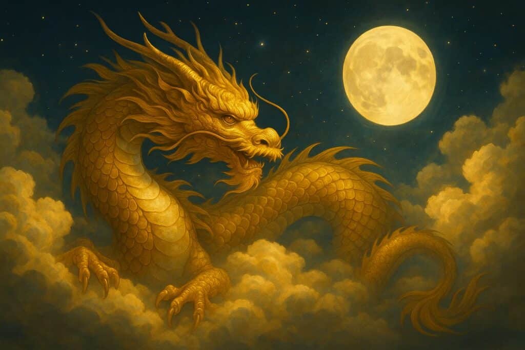 光を放つ龍が優しく見守るイラスト