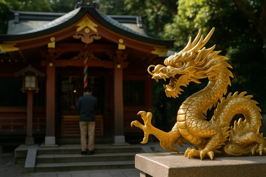 鳥居と龍が調和した神社の風景