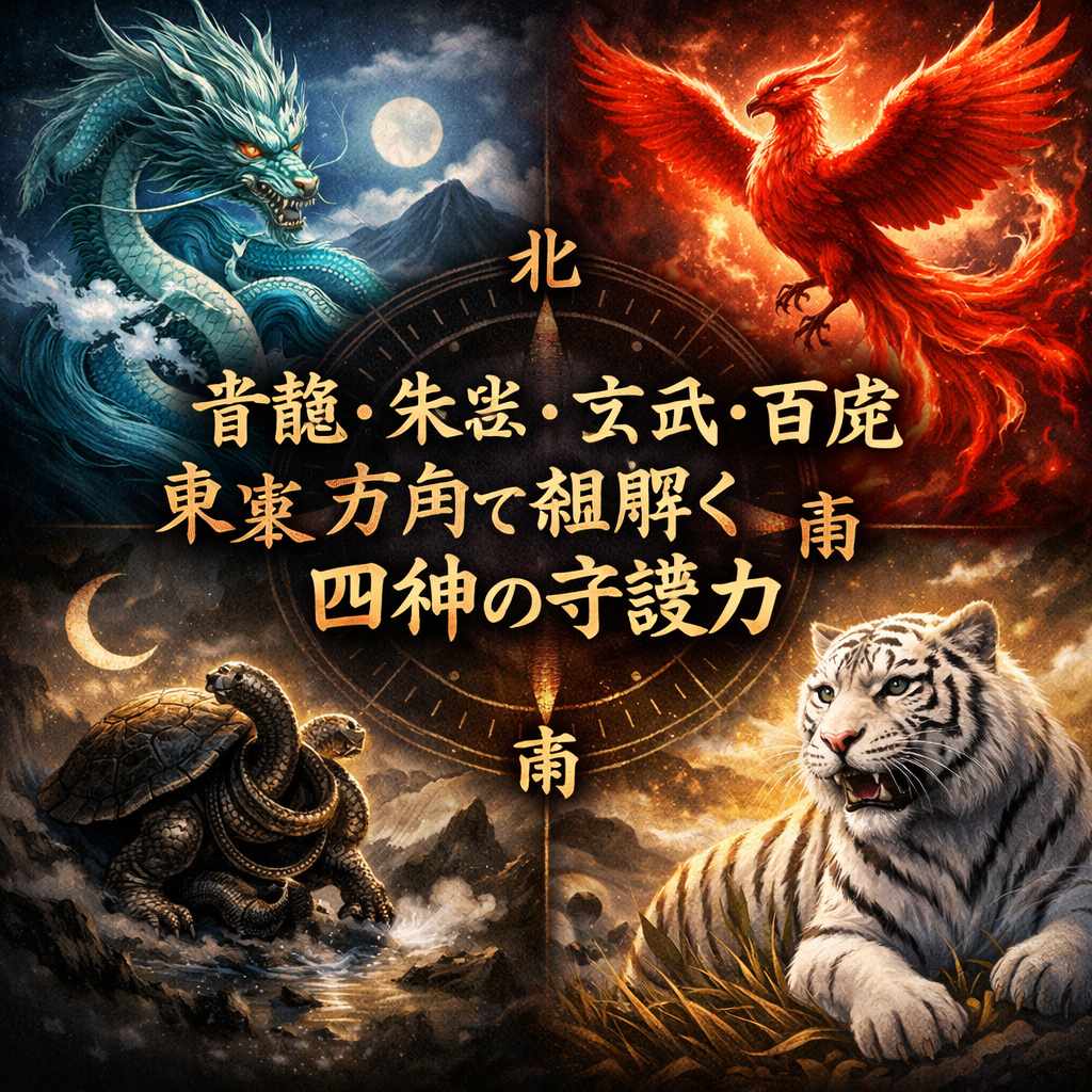 青龍・朱雀・玄武・白虎が四方に描かれた四神イラストと方角を示すデザインの開運アート画像