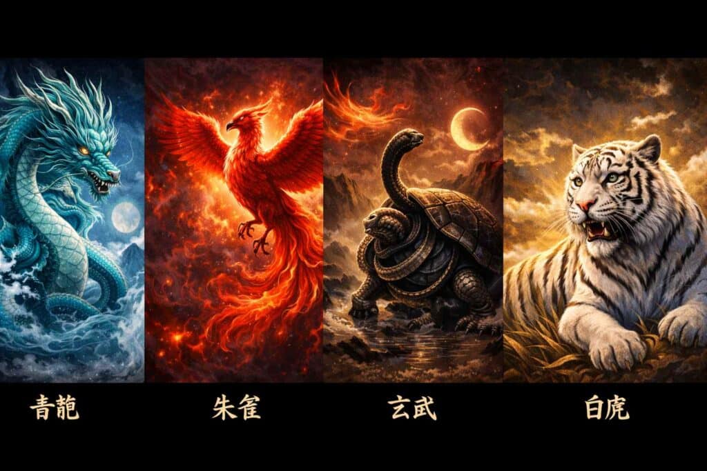 四神である青龍・朱雀・玄武・白虎が並んだ基本イラスト