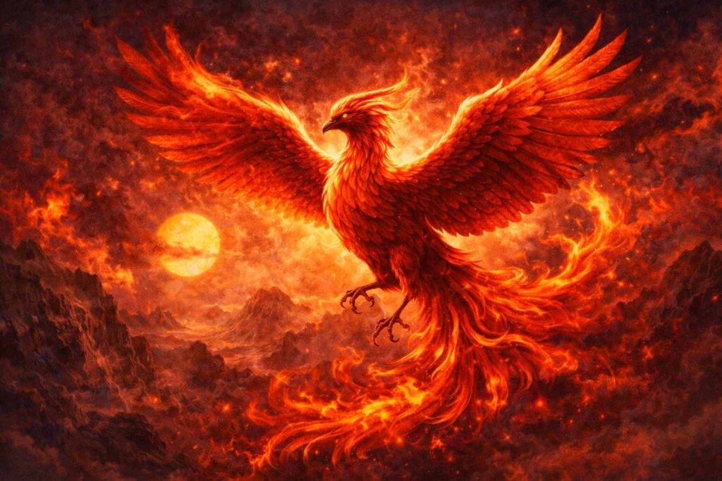 南を象徴する朱雀の赤い翼を広げたイラスト