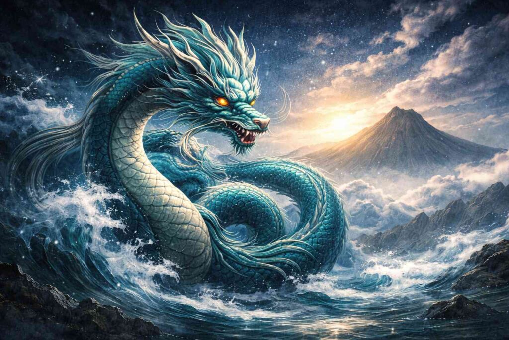 東方の青龍が昇る姿のスピリチュアルイラスト