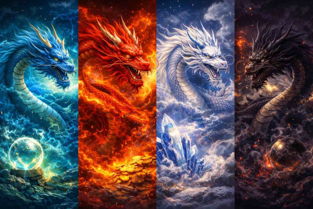 青龍赤龍白龍黒龍の違いと龍の色の意味を表したイメージ