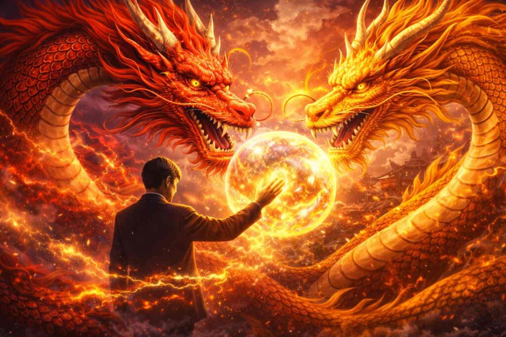 守護龍とのご縁と赤龍朱龍のつながりを表したスピリチュアルイメージ