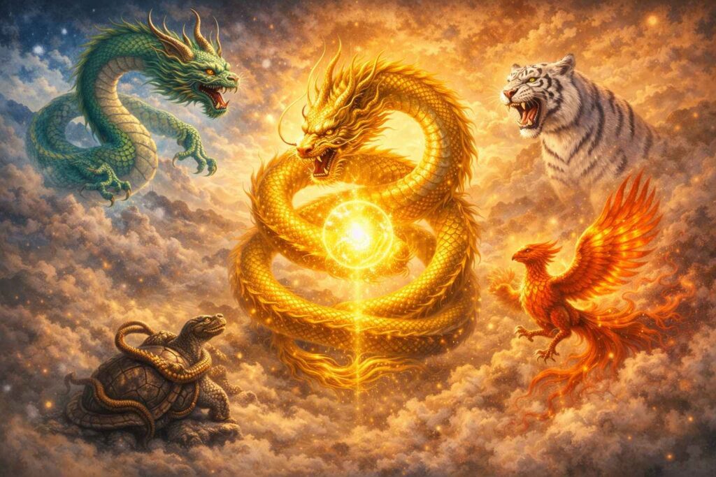 黄龍四神の関係性と中央に位置する黄龍を表したイメージ