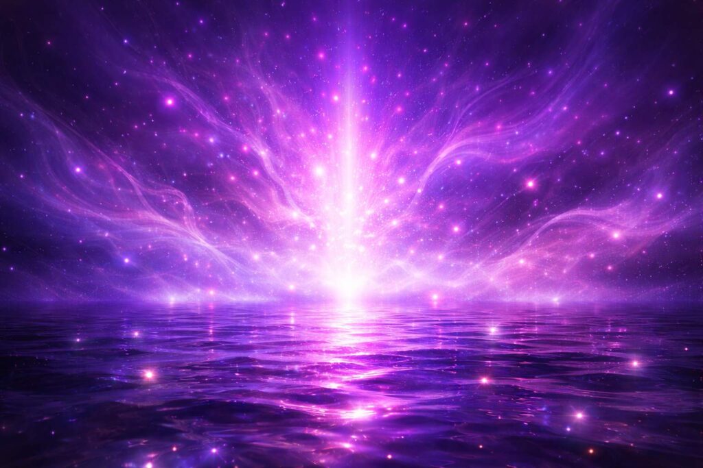 紫の光と水面の抽象イメージで紫龍意味を表現した図