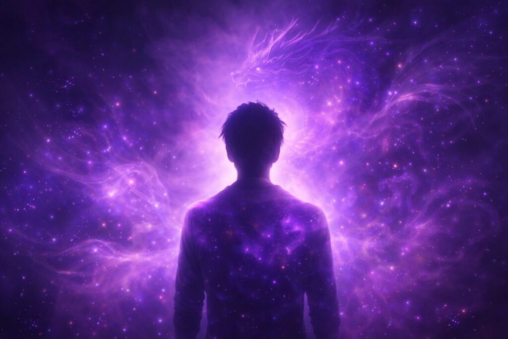 紫のオーラをまとった人物シルエットで紫龍がついてる人の特徴を表現