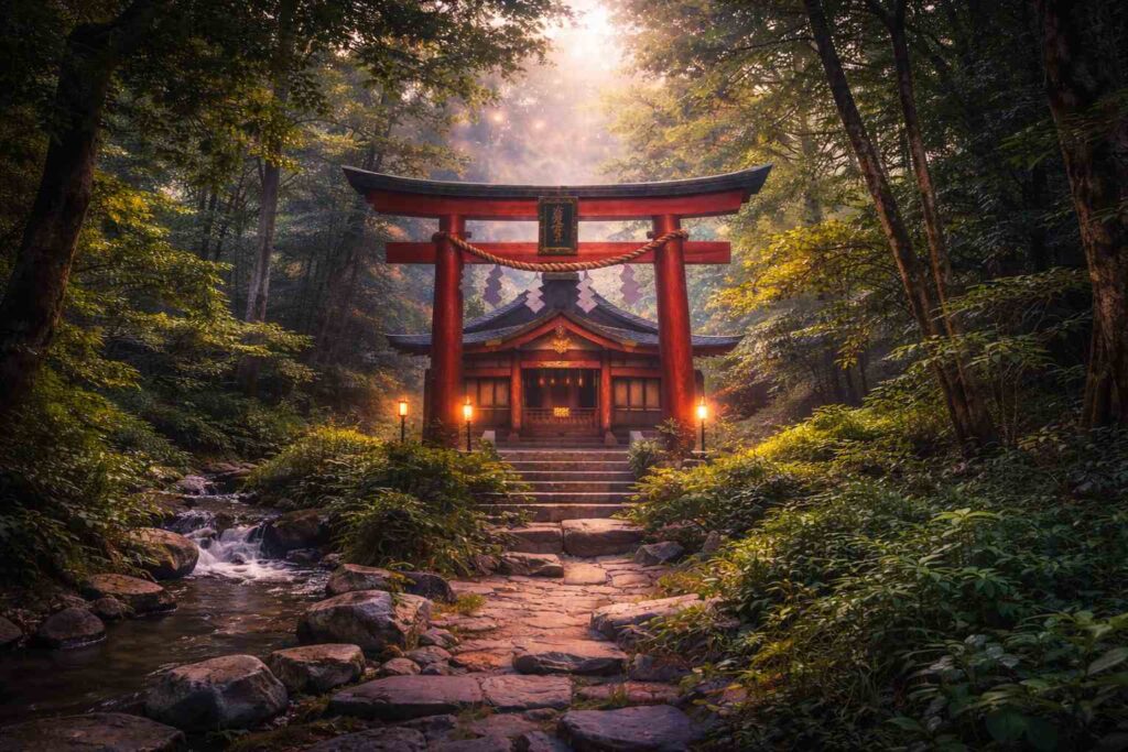 森の鳥居と社殿の風景で紫龍神社の選び方をイメージした写真風画像