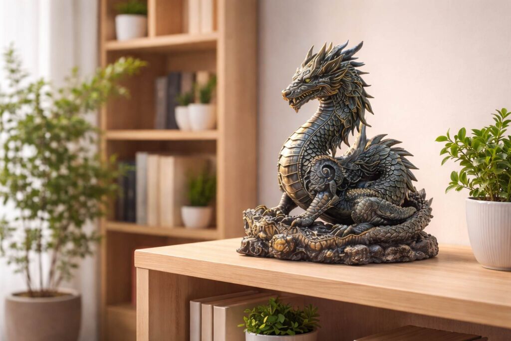 室内の棚に置かれた龍の置物のイメージ画像(清潔で明るい場所)
