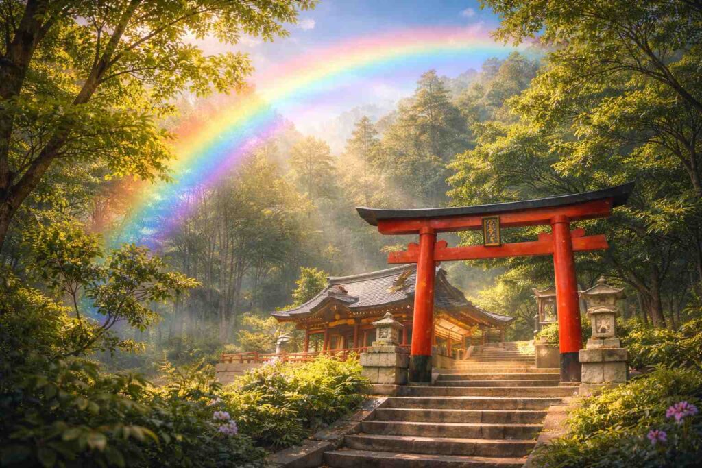 森に包まれた神社と鳥居の風景に虹がかかるイメージ