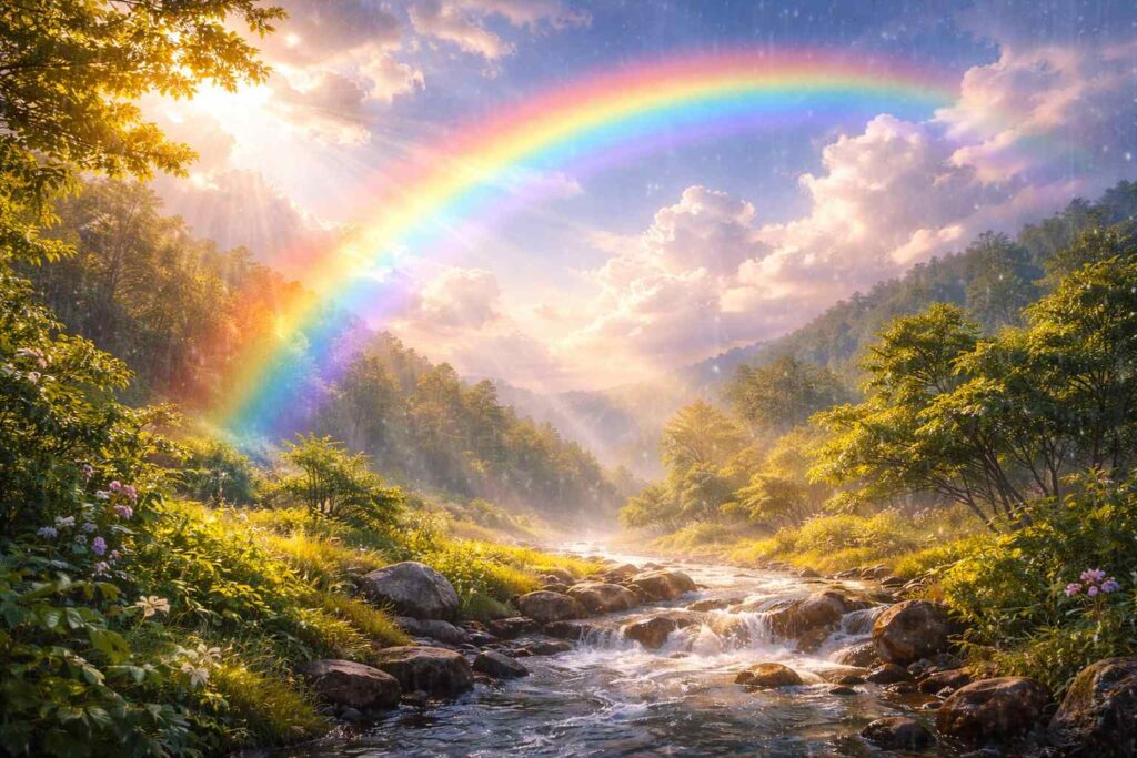 雨上がりの空に虹が出る自然現象のイメージ(縁起と切り替え)