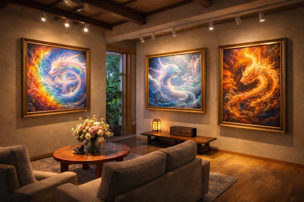 守護龍作品を展示する落ち着いた室内空間のイメージ(筑後恋花・守護龍の郷)