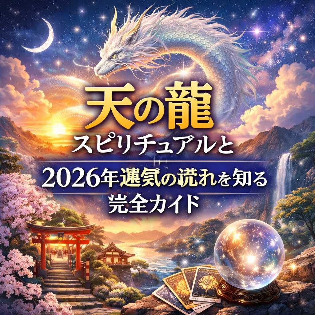 白い龍が天に舞う幻想的な風景と神社、占い道具が調和するスピリチュアルなイメージ