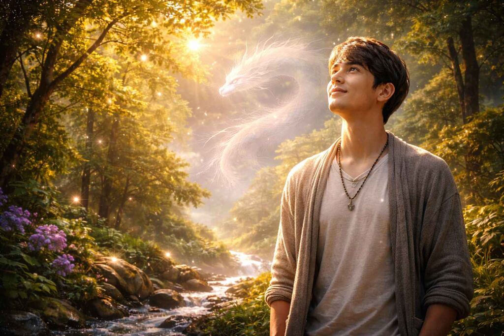 自然の中で穏やかに立つ人と薄く感じる龍の気配